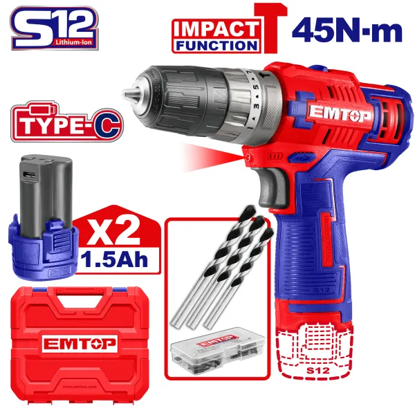 دریل شارژی چکشی 12 ولت با دو باطری Emtop مدل ECIDL12620