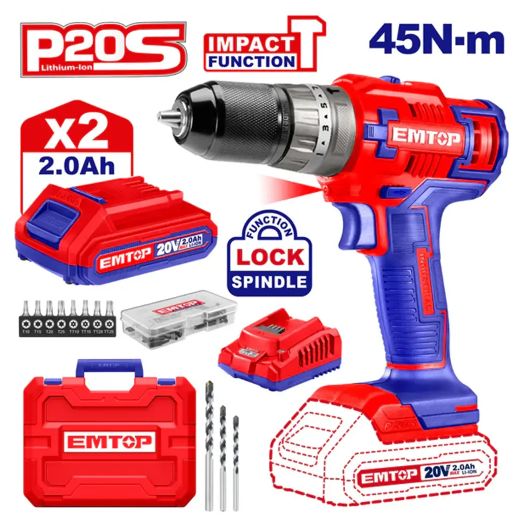 دریل شارژی چکشی 20 ولت سه نظام فولادی دو باطری Emtop مدل ECIDL6200128