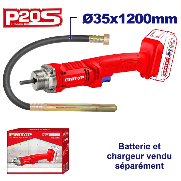 ویبراتور بتن 20 ولت براش لس بدون باطری Emtop مدل ECVL202301