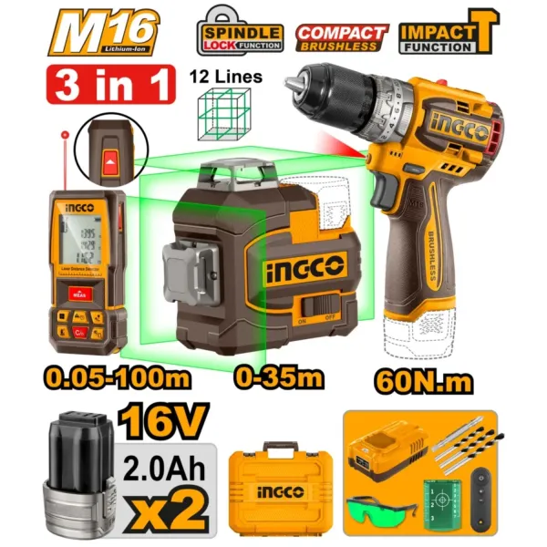 ست دریل شارژی چکشی 60 نیوتن و تراز لیزری اینکو مدل COSLI250101